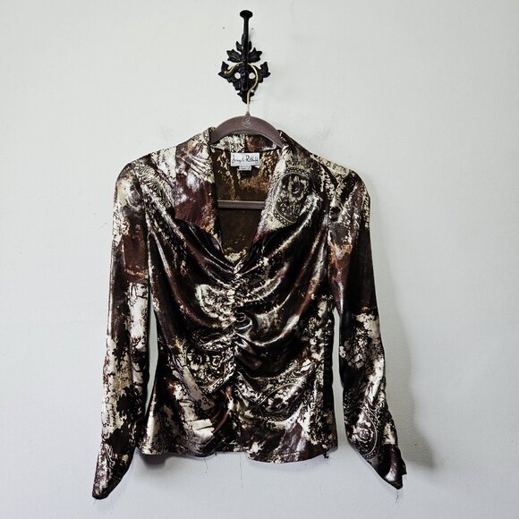 Joseph Ribkoff Metallic Abstract Floral Blouse Size 8 Brown Silver Collared - Picture 1 of 5